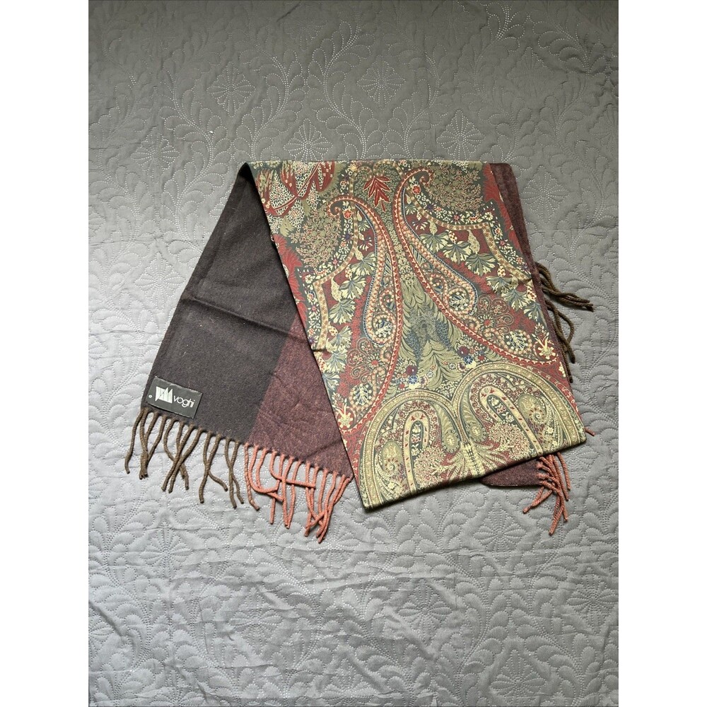 Voghi VTG 100% Silk & Wool Paisley Green Reversible Scarf Made in Italy Fringe
